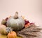 Background with Pumpkins, Yellow and Red Autumn Leaves Against Background. For Social Media Posts, Hello November, Autumn Mood and
