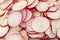Background radish sliced by circles close up