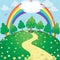 Background of rainbow and garden . Vector fantasy illustration