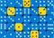 Background of random ordered blue dices with five yellow cubes