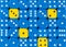 Background of random ordered blue dices with four yellow cubes