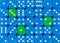 Background of random ordered blue dices with three green cubes