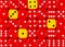 Background of random ordered red dices with four yellow cubes