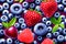 background of raspberry blueberries and cherries . Generative AI