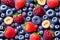 background of raspberry blueberries. Generative AI