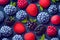 background of raspberry blueberries. Generative AI