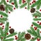 Background with realistic green fir tree branch and cones. Place for text, congratulation. Christmas, New Year symbol.