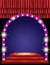 Background with red curtain on blue with arch banner and podium. Design for presentation, concert, show