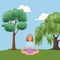 Background, relaxing fitness in forest, nature promotes health, doing summer yoga outdoors, cartoon style vector