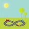 Background with road infinity sign three cartoon cars, tree and sun. Flat design