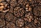 Background of roasted coffee beans in circles in different sizes.