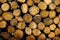 Background of round firewood piled up in a pile, logging, fuel for heating