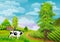 Background with rural landscape with hills, trees, a path and a small cottage. In the foreground a cow grazing. Illustration in di