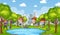 Background scene with kids fishing in the park