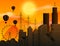 Background scene with sunset and silhouette towers in the city