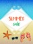 Background with sea and sand and the words `summer sale`