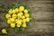 Background for seasonal menu,  yellow pears lie on a wooden background, top view. Place for writing text