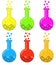 Background set of ampoules of various colors with magic potion and bubbles in flat cartoon style