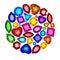 background with a set of jewelry gems of different colors and cuts collected in a circle