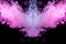 A background of simmetrical pink and white wavy smoke in the shape of a ghost`s head or bird and a man of mystical appearance on