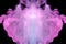 A background of simmetrical pink and white wavy smoke in the shape of a ghost`s head or a man of mystical appearance on a black