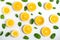 Background with slices of orange and mint leaves. Bright citrus background for banner, website. Pattern with oranges. View from
