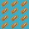 Background of smoked fish on a piece of toast on a blue background. Art collage.