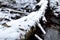 Background of a snowy forest floor with a running river