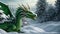 In the background of the snowy forest lies a dragon. Green Christmas dragon in the woods, generated AI