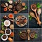 Background of spices. Photo collage of pepper and spices. Top view.