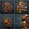 Background of spices. Photo collage of pepper and spices. Top view.