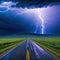 background of stormy weather and lightning on an open in the style of an apocalyptic road with lightning and dark