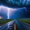 background of stormy weather and lightning on an open in the style of an apocalyptic road with lightning and dark