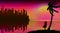 Background with a sunset on a neon sky and a beach with silhouette of palm tree, a woman and a city in the distance in the style