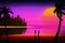Background with a sunset on a neon sky and a beach with silhouettes of palm trees, a woman and a city in the distance in the style