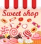 Background with sweet desserts, food, candy, donuts, lollipops,