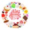 background sweets shop in a circle vector cakes sweets, cookies, gingerbread, jelly, marshmallows