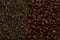 Background of tea leaves. Black and green tea and coffee beans