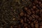 Background of tea leaves. Black and green tea and coffee beans