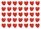 Background texture: many red hearts in a row. Lines with hearts on a light background