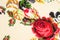 Background texture, pattern. Red roses on a beige background. Vi