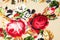 Background texture, pattern. Red roses on a beige background. Vi