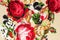 Background texture, pattern. Red roses on a beige background. Vi