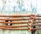 Background texture rusted cables attached to wooden post