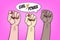 Background with three raised women s fist in pop art comic style - symbol unity or solidarity, with oppressed people and