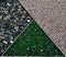 Background of three sections - green marbles, stones, and gravel