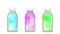 Background with three transparent bottle with animated blue, pink and green smoke inside