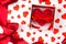 Background to Valentine`s Day or romantic event. heart in the gift box against the background of the hearts.