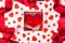 Background to Valentine`s Day or romantic event. heart in the gift box against the background of the hearts.