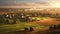 Background with trees and villages. Houses at sunset light